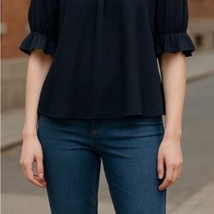 Madewell Mock Neck Black Ruffle Blouse With Polka Dot Accents